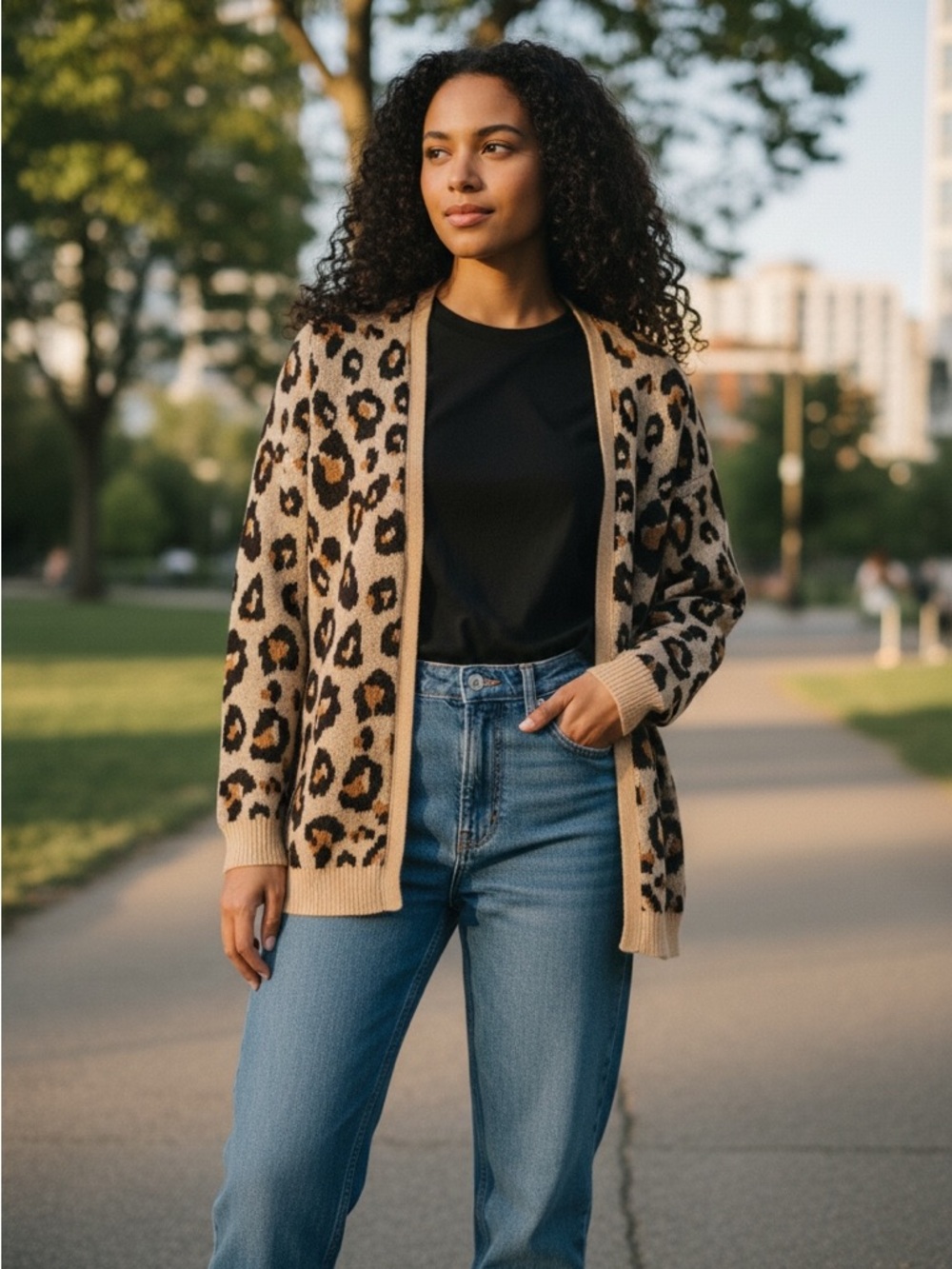Leopard Print Open-Front Cardigan Sweater - Tan/Black